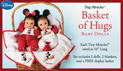 Disney Mickey And Minnie Themed Tiny Miracles Baby Dolls Set: Basket Of Hugs - Lovable Disney-themed Mickey And Minnie Lifelike Baby Dolls with Matching Blankets, Snuggled in a FREE Display Basket