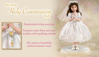 Her First Holy Communion Porcelain Doll: Brunette - An Exclusive First Communion Gift She Will Love! Beautifully Costumed Brunette Catholic Porcelain Doll with Miniature Rosary!