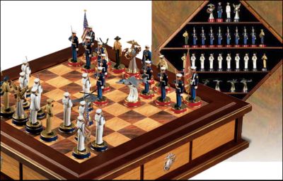 USMC Field Of Honor Collectible Chess Set Collection - Americas Marines and Navy Compete in a Game of Chess
