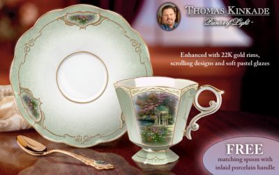 Thomas Kinkade Serenity Garden Porcelain Teacup And Saucer Collection - Thomas Kinkade Garden Art Teacup and Saucer Collection with FREE Matching Golden Spoons! Exclusive Limited Editions