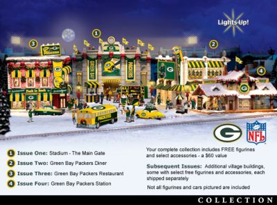 Collectible Green Bay Packers Christmas Village Collection - Celebrate Green and Gold with a Collectible Green Bay Packers Football Christmas Village Collection! Exclusive Market First!
