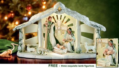 Irish Nativity Set Collection - Exclusive Fine Porcelain Irish Nativity Set Collection Blesses Your Home with Celtic Symbols of Faith and Hope! Lights Up!