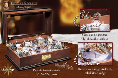 Thomas Kinkade Holiday Lights Animated Holiday Village Wooden Music Box - Thomas Kinkade Animated Holiday Village Music Box! Unique Christmas Decoration Boasts "Flying" Santa and Sleigh!
