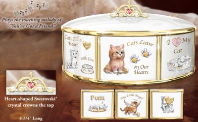 I Love My Cat Italian Charm Bracelet Style Porcelain Music Box - Cat Lover Music Box with Swarovski&reg; Crystal Accents Boasts Italian Charm Bracelet Design! "Purr-fect" Porcelain Music Box