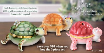 Little Charmers Cute Turtle Music Box Three Piece Set - Save $10 on Exclusive Collectible Limoges-style Turtle Music Boxes! Market First Baby Turtles Music Box Set is a Charmer!
