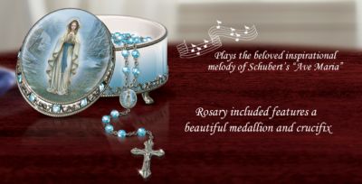 Our Lady Of Lourdes Musical Rosary Box - Religious Musical Holy Rosary Box Has Matching Glass and Pewter Collectible Rosary Tucked Inside! Limited-Edition First!