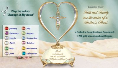 Faith And Family Personalized Birthstone Music Box - Birthstone Music Box is the Perfect Personalized Gift for Mother! Heart-Shaped Topper Embraces Symbols of Family and Faith!