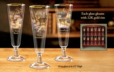 Majestic Encounters Deer Art Collectible Pilsner Glass Collection - Exclusive Collectible Deer Art Pilsner Glass Collection a First! Majestic Deer Portraits, 22K-gold Accents, Display Rack!