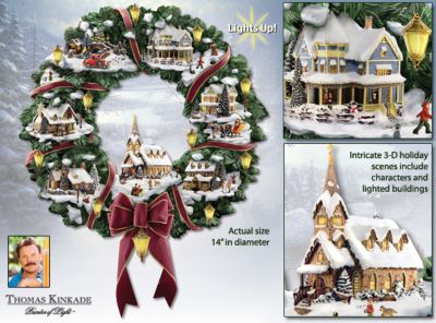 Thomas Kinkade Victorian Christmas Village Wreath - Thomas Kinkade Christmas Wreath Decoration Glows with Holiday Lights! An Exclusive and Unique Christmas Home Decor First!