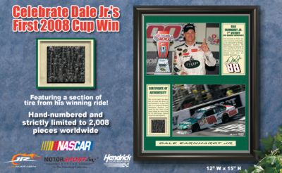 Dale Earnhardt Jr. First Win Print With Tire Collectible Memorabilia Wall Decor - Exclusive Dale Earnhardt, Jr. Collectible Memorabilia with Tire Section from His First 2008 Win! Worldwide Edition of 2,008!
