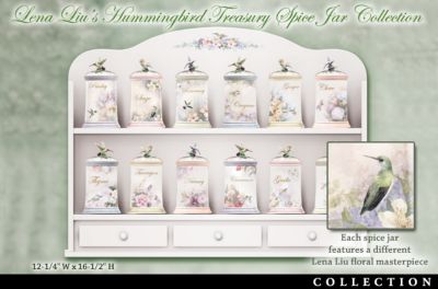Lena Lius Hummingbird Treasury Decorative Spice Jar Collection With Floral Art - First-ever Lena Liu Hummingbird and Floral Art Spice Jars with Display Rack Collection! Exclusive, Limited-edition Home Decor