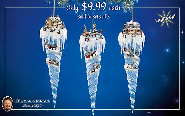 Thomas Kinkade Icicle Village Christmas Tree Ornament Collection - Exclusive Thomas Kinkade Ornament Collection! Lighted Icicles for Your Christmas Tree are Unique Holiday Decoration Idea