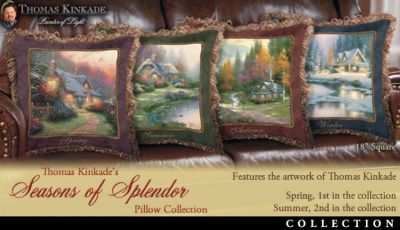 Thomas Kinkade Seasons Of Splendor Pillow Collection - An Exclusive First Thomas Kinkade Pillow Collection Depicts Charming Cottages Throughout the Year! Seasonal Home Decor