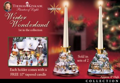 Thomas Kinkade Village Of Lights Candle Stick Holder Collection: Sets Of Two - Exclusive Thomas Kinkade Candle Stick Holder Collection with FREE Tapered Candles! Illuminated and Handcrafted Base!