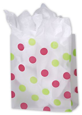 8 x 4 x 10 Pink & Green Dots Clear Frosted Flex Loop Shoppers, 8x4x10
