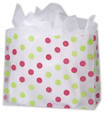 16 x 6 x 12 Pink & Green Dots Clear Frosted Flex Loop Shoppers, 16x6x12