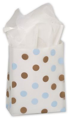 8 x 4 x 10 Brown & Blue Dots Clear Frosted Flex Loop Shoppers, 8x4x10
