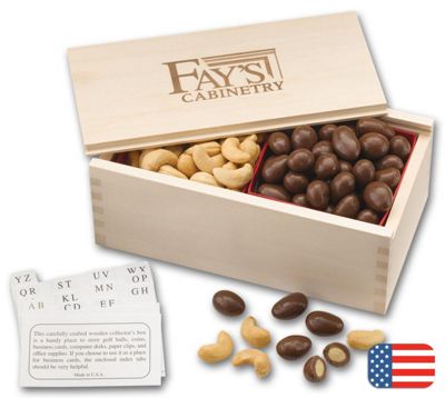 8 x 4 x 3 , box size Chocolate Almonds & Cashew Filled Wooden Collectors Box