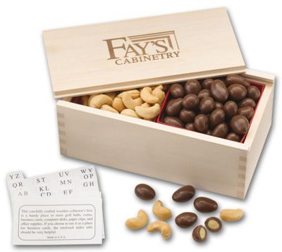 8 x 4 x 3 , box size Sample Chocolate Almonds & Cashew Filled Wooden Collectors B