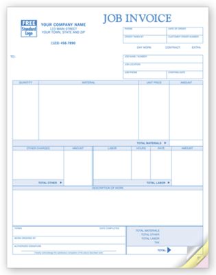 8 1/2 x 11 Job Invoices, Laser