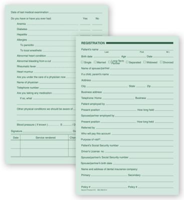 5 1/2 X 8 1/2 Dental Registration Forms, Two – Sided, Green Ledger