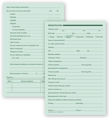 Dental Registration Forms, Two - Sided, Green Ledger