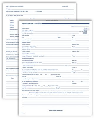 8 1/2 X 11 Dental Patient Registration and History Forms