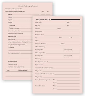 5 1/2 X 8 1/2 Dental Child Registration Forms, Two – Sided, Pink Bond