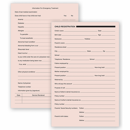 Dental Child Registration Forms, Two - Sided, Pink Bond - Office and Business Supplies Online - Ipayo.com