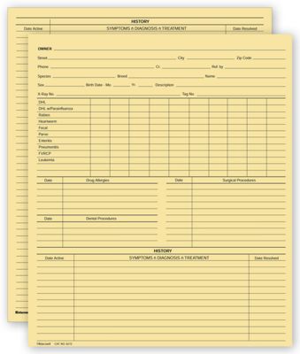 8 x 9 1/2 Vet Animal History Exam Record, 2 Sided, Card File Fold