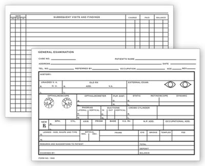 4 x 6 Optometry Record Card, Two – Sided, 4  x 6