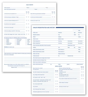 Dental Child Registration and History Forms, 2 Sided