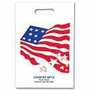 Ongoing advertising! Heavy-duty plastic protects merchandise and keeps your name looking good! Reinforced patch handles resist tearing. 2 mil. poly stock. White bag has patriotic red, white, and blue flag and star design.