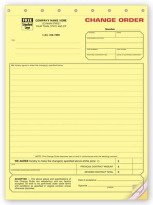 8 1/2 x 11 Change Order Form – Contractors – Yellow Carbonless
