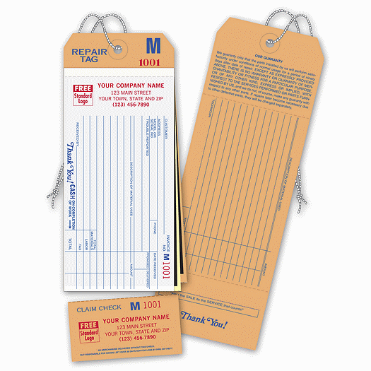 Repair Tags w/ Detachable Claim Check/Carbons, 3 Part