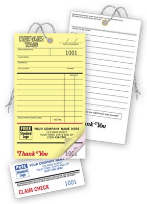 3 1/8 x 5 1/2 Repair Tags, Invoice w/ Detachable Claim Check