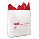 Promote your shop in style! Attractive bags are an essential to protect customer purchases. Plus, add your store name and you'll have a walking billboard. 16  W x 6  D x 19  H 200 bags per case. 65# white kraft paper.