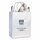 Promote your shop in style! Attractive custom imprinted shopping bags are essential when it comes to protecting customer purchases. Plus, add your store name and you'll have a walking billboard. 8 1/4  W x 4 1/4  D x 10 3/4  H 250 bags per case.