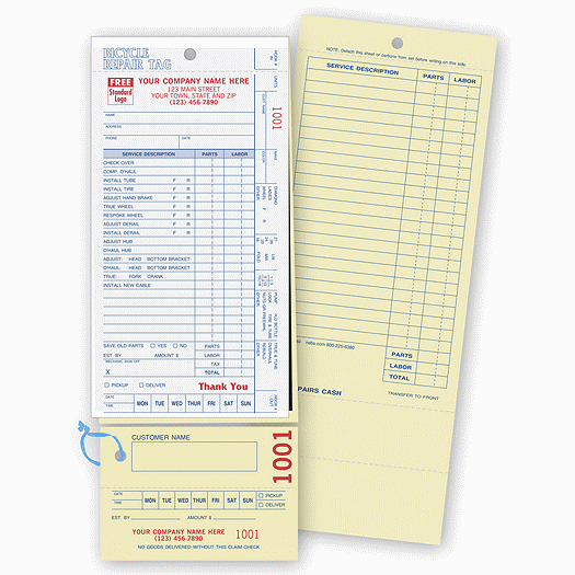 Bicycle Repair Tags, w/ Detachable Claim Check/Carbons