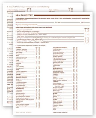 Dental Health History Questionnaires, 2 Sided, No Hole Punch