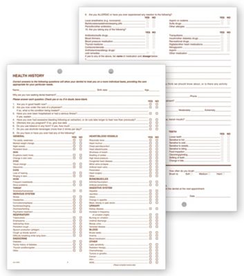 8 1/2 X 11 Dental Health History Questionnaires, 2 Sided, 2 Hole Punch