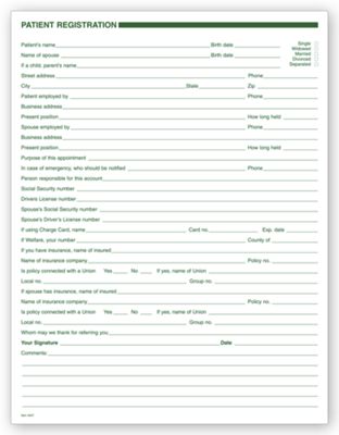 Dental Patient Registration Forms, 1 Sided, No Hole Punch