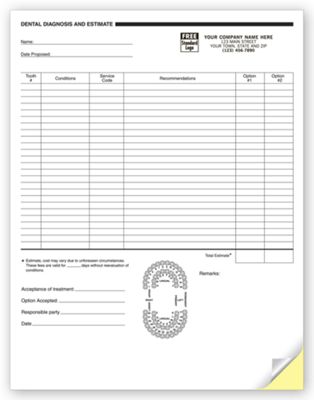 8 1/2 X 11 Dental Diagnosis and Estimate Forms, 2 Part