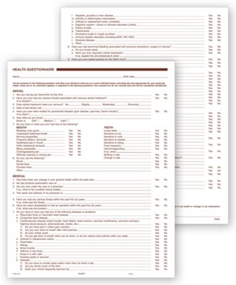 Dental Health History Questionnaires, 2 Sided, No Hole Punch