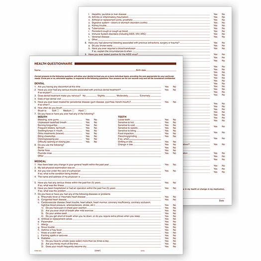 Dental Health History Questionnaires, 2 Sided, No Hole Punch - Office and Business Supplies Online - Ipayo.com