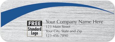 3 1/2 X 1 1/4 Rectangular Label on Brushed Silver w/Blue Arc 3.5×1.25