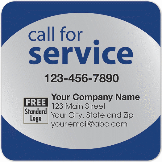 Call for Service Label on Silver Poly Top & Bottom Navy Trim