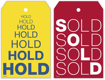 2 x 3 1/8 Reusable Hold & Sold Tag Set w/Repeating Words 2 x 3.125