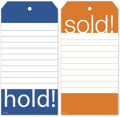 2 x 3 1/8 Hold & Sold Tag Set w/Blue and Orange Borders  2.375 x 4.75