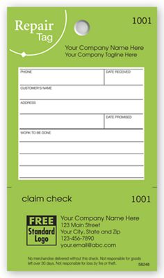 Repair Tag in Green w/White Fill-In Space 3.125 x 5.5 - Office and Business Supplies Online - Ipayo.com